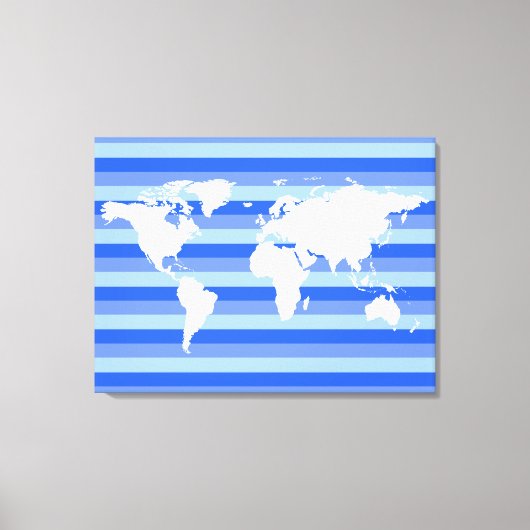 Witte wereldkaart op blauw gestreepte canvas afdruk (Voorkant)