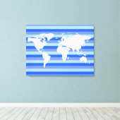 Witte wereldkaart op blauw gestreepte canvas afdruk (Insitu (Houten vloer))
