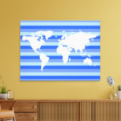 Witte wereldkaart op blauw gestreepte canvas afdruk (Insitu (Woonkamer))