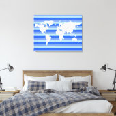 Witte wereldkaart op blauw gestreepte canvas afdruk (Insitu (Slaapkamer))