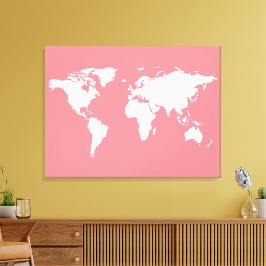 Witte wereldkaart op roze canvas afdruk (Insitu (Woonkamer))