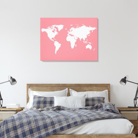 Witte wereldkaart op roze canvas afdruk (Insitu (Slaapkamer))