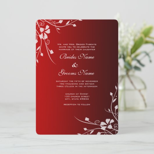 Witte wervelingen op rode bruiloft uitnodiging (Staand voorkant)