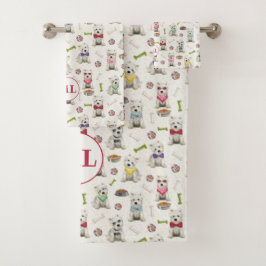 Witte Westies met Accessoires Whimsical Monogram Bad Handdoek