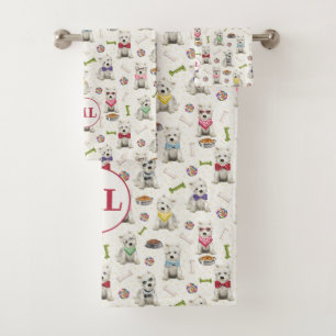 Witte Westies met Accessoires Whimsical Monogram Bad Handdoek