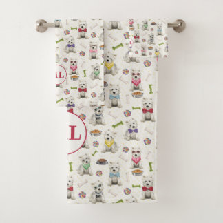 Witte Westies met Accessoires Whimsical Monogram Bad Handdoek