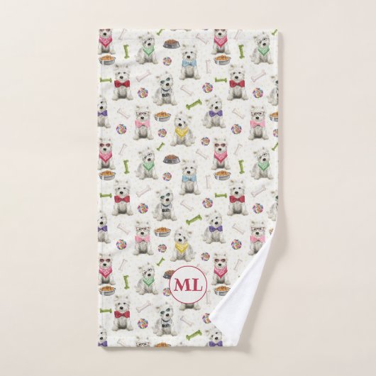 Witte Westies met Accessoires Whimsical Monogram Bad Handdoek (Handdoek)