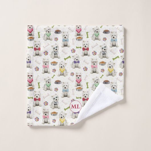 Witte Westies met Accessoires Whimsical Monogram Bad Handdoek (Wasdoekje)
