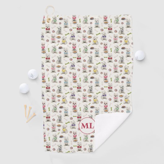 Witte Westies met Accessoires Whimsical Monogram Golfhanddoek (Insitu)