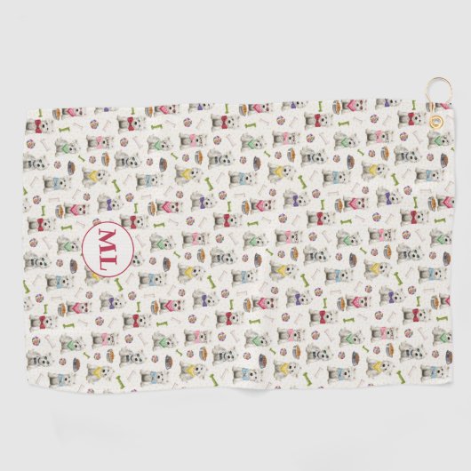 Witte Westies met Accessoires Whimsical Monogram Golfhanddoek (Horizontaal)