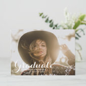 Witte Whimsical Script Overlay Foto Afstudeerfeest Kaart (Staand voorkant)