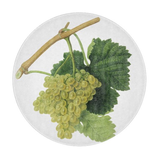 Witte wijndruiven op de wijnstok,  voedingsvruchte snijplank (Voorkant)