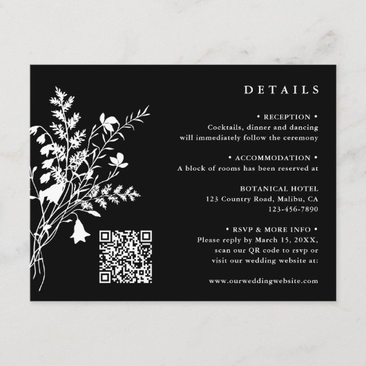 Witte Wildbloem Boeket Zwart Bruiloft Details Informatiekaartje (Voorkant)