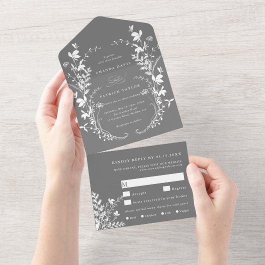 Witte Wildbloem Silhouet Krans Bruiloft Grijs All In One Uitnodiging (Afscheurbaar)