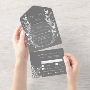 Witte Wildbloem Silhouet Krans Bruiloft Grijs All In One Uitnodiging