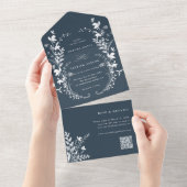 Witte Wildbloem Silhouet Krans Bruiloft Marine All In One Uitnodiging (Afscheurbaar)