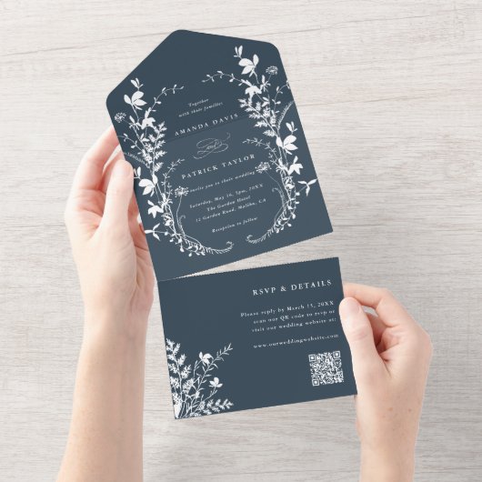 Witte Wildbloem Silhouet Krans Bruiloft Marine All In One Uitnodiging (Afscheurbaar)