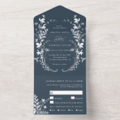Witte Wildbloem Silhouet Krans Bruiloft Marine All In One Uitnodiging (Binnen)