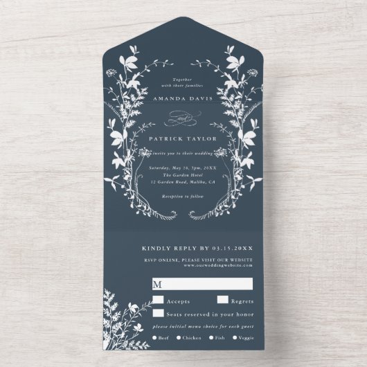 Witte Wildbloem Silhouet Krans Bruiloft Marine All In One Uitnodiging (Binnen)
