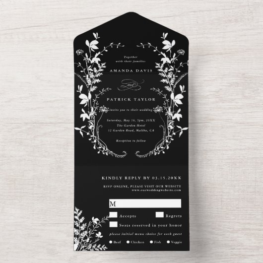 Witte Wildbloem Silhouet Krans Bruiloft Zwart All In One Uitnodiging (Binnen)