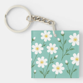 Witte Wilde Bloem Botanisch Patroon Sleutelhanger