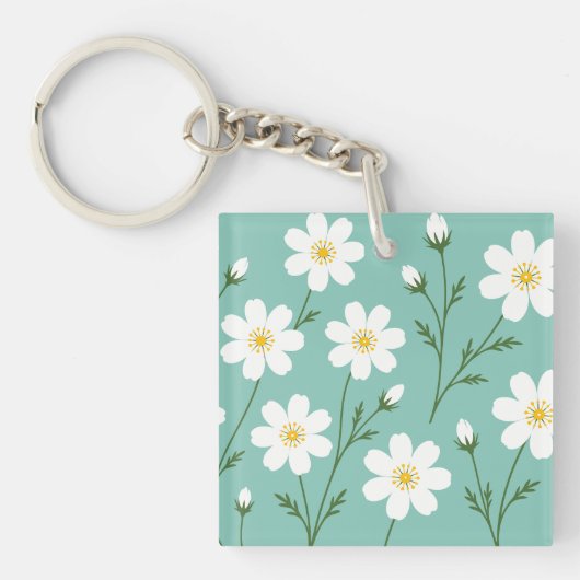 Witte Wilde Bloem Botanisch Patroon Sleutelhanger (Voorkant)
