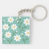 Witte Wilde Bloem Botanisch Patroon Sleutelhanger (Achterkant)