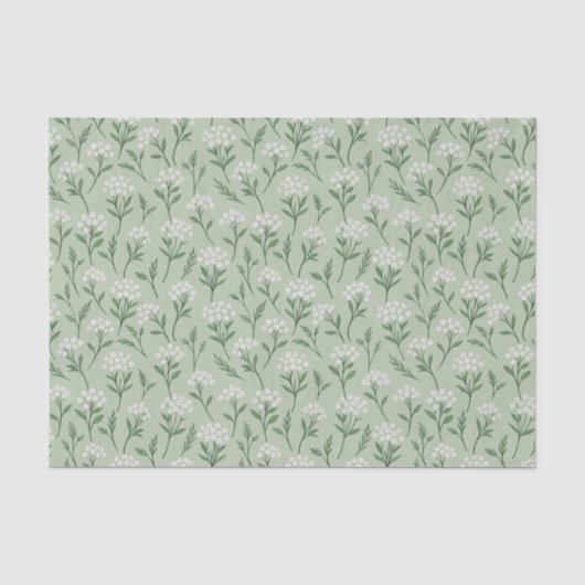 Witte Wilde Bloemclusters Saliegroen Botanisch Tissuepapier (Voorkant)
