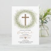 Witte Wilde Bloemen Baby's Breath Wood Kruis Doop Kaart (Staand voorkant)