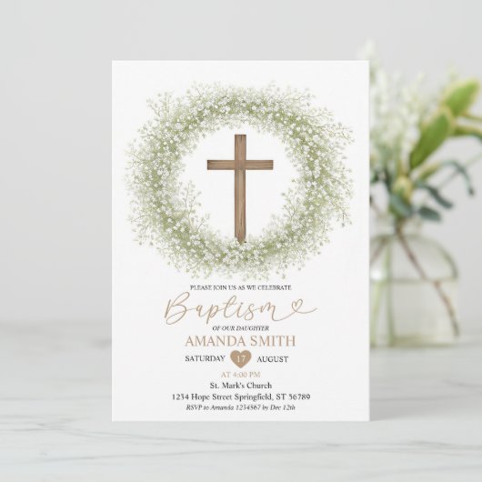 Witte Wilde Bloemen Baby's Breath Wood Kruis Doop Kaart (Staand voorkant)