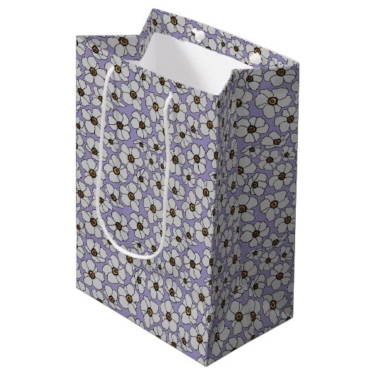 Witte wilde bloemen op lavendel medium cadeauzakje (Voorkant Gekanteld)