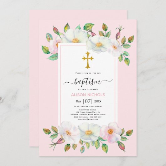 Witte wilde hond roos blush roze bloemendoop kaart (Voorkant / Achterkant)