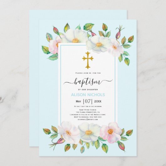 Witte wilde hond roos bord blauw bloemendoop kaart (Voorkant / Achterkant)