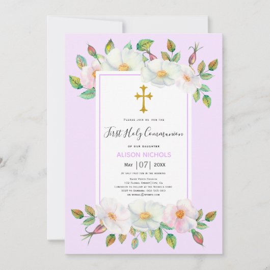 Witte wilde roos bloemenlavendel Eerste Communie Kaart (Voorkant)