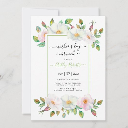 Witte wilde roos groene bloemen moederdag brunch kaart (Voorkant)