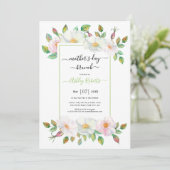 Witte wilde roos groene bloemen moederdag brunch kaart (Staand voorkant)
