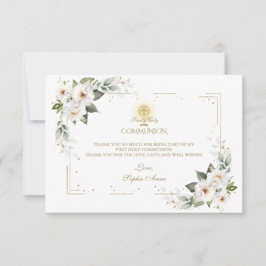 Witte Wilde Rozen Goud Eerste Heilige Communie Bedankkaart (Voorkant)