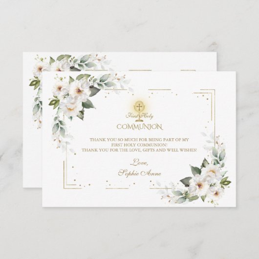 Witte Wilde Rozen Goud Eerste Heilige Communie Bedankkaart (Voorkant / Achterkant)