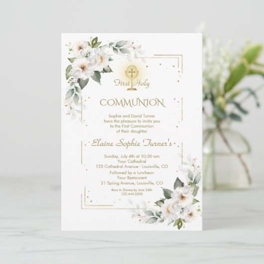 Witte Wilde Rozen Goud Glitter Eerste Heilige Comm Kaart (Staand voorkant)