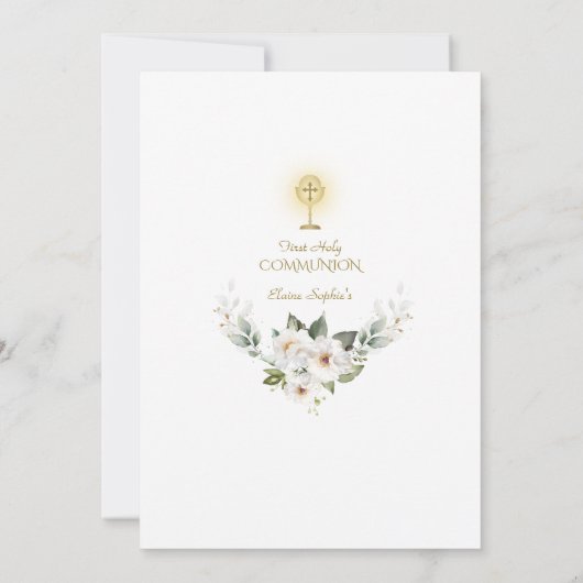 Witte Wilde Rozen Goud Glitter Eerste Heilige Comm Kaart (Achterkant)