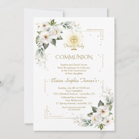 Witte Wilde Rozen Gouden Glitter Eerste Heilige Co Kaart (Voorkant)