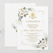 Witte Wilde Rozen Gouden Glitter Eerste Heilige Co Kaart (Voorkant / Achterkant)