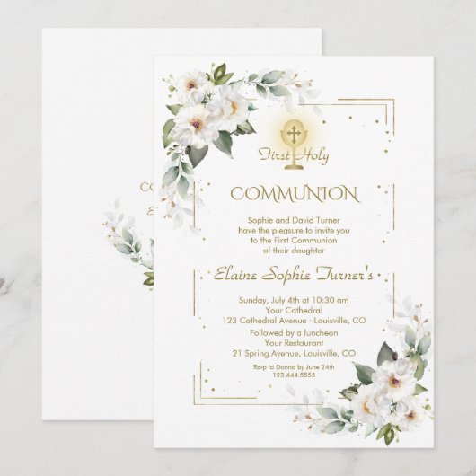 Witte Wilde Rozen Gouden Glitter Eerste Heilige Co Kaart (Voorkant / Achterkant)