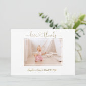 Witte Wilde Rozen Kalligrafie Meisje Foto Doop Bedankkaart (Staand voorkant)