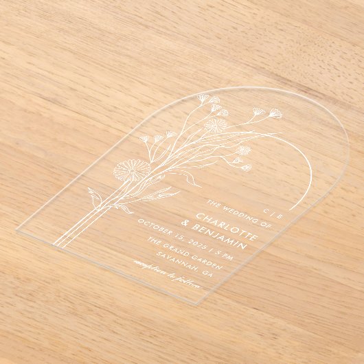 Witte Wildflower Moderne Minimalistische Boog Wedd Acryl Uitnodigingen (Laagn)