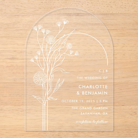 Witte Wildflower Moderne Minimalistische Boog Wedd Acryl Uitnodigingen (Voorkant)