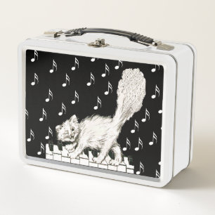 Witte Winking Cat Fluffy Tail op Piano Muzieknoten