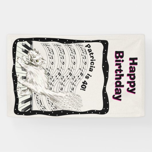 Witte Winking Cat Piano Keys Muziek Opmerking Verj Spandoek (Horizontaal)