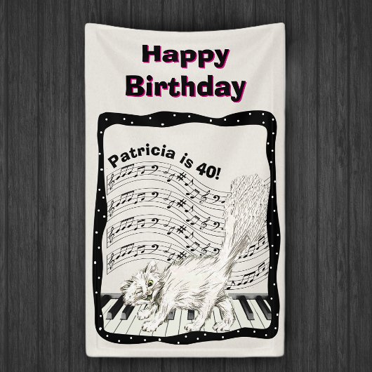 Witte Winking Cat Piano Keys Muziek Opmerking Verj Spandoek