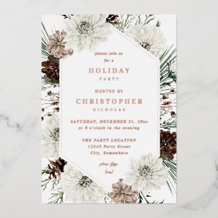 Witte Winter Bloemen & Dennen Kerst- of Vakantiede Folie Uitnodiging